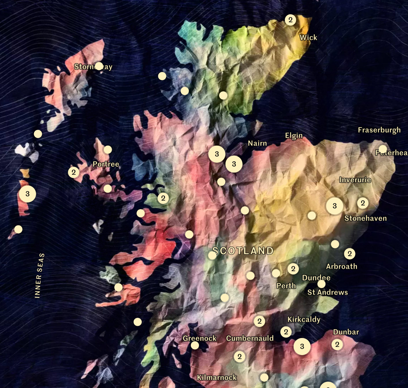 An illustrated map of Scotland with markers plotting Map of Stories entries