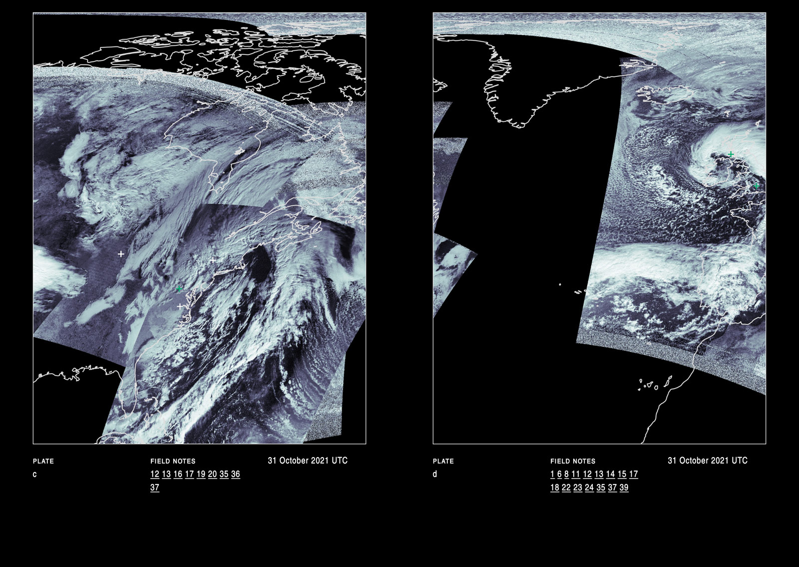 Open weather ebook interior spread showing two images of several ground station recordings of the earth