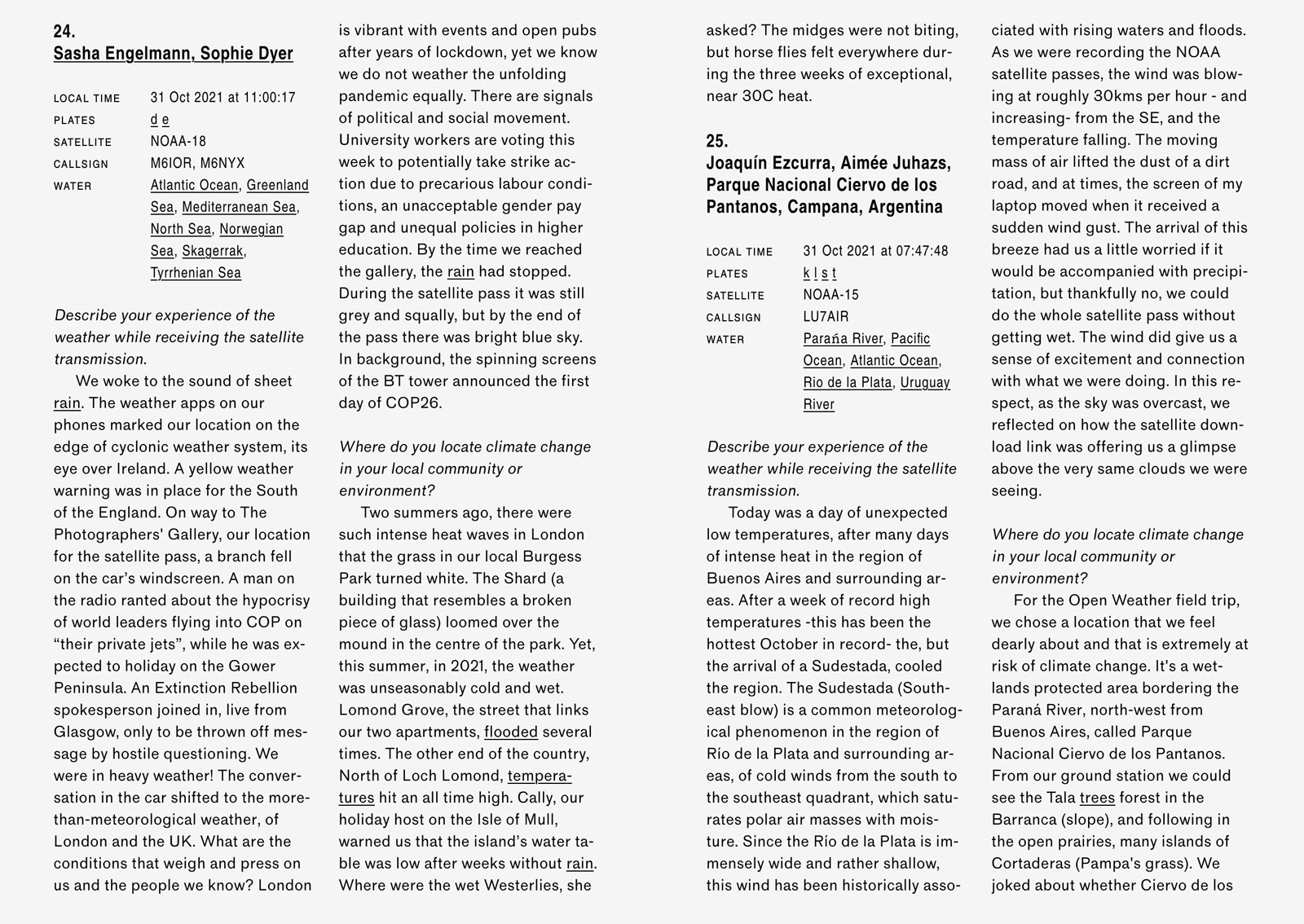 Open weather ebook interior spread showing Field Notes from multiple contributors in four columns of text.