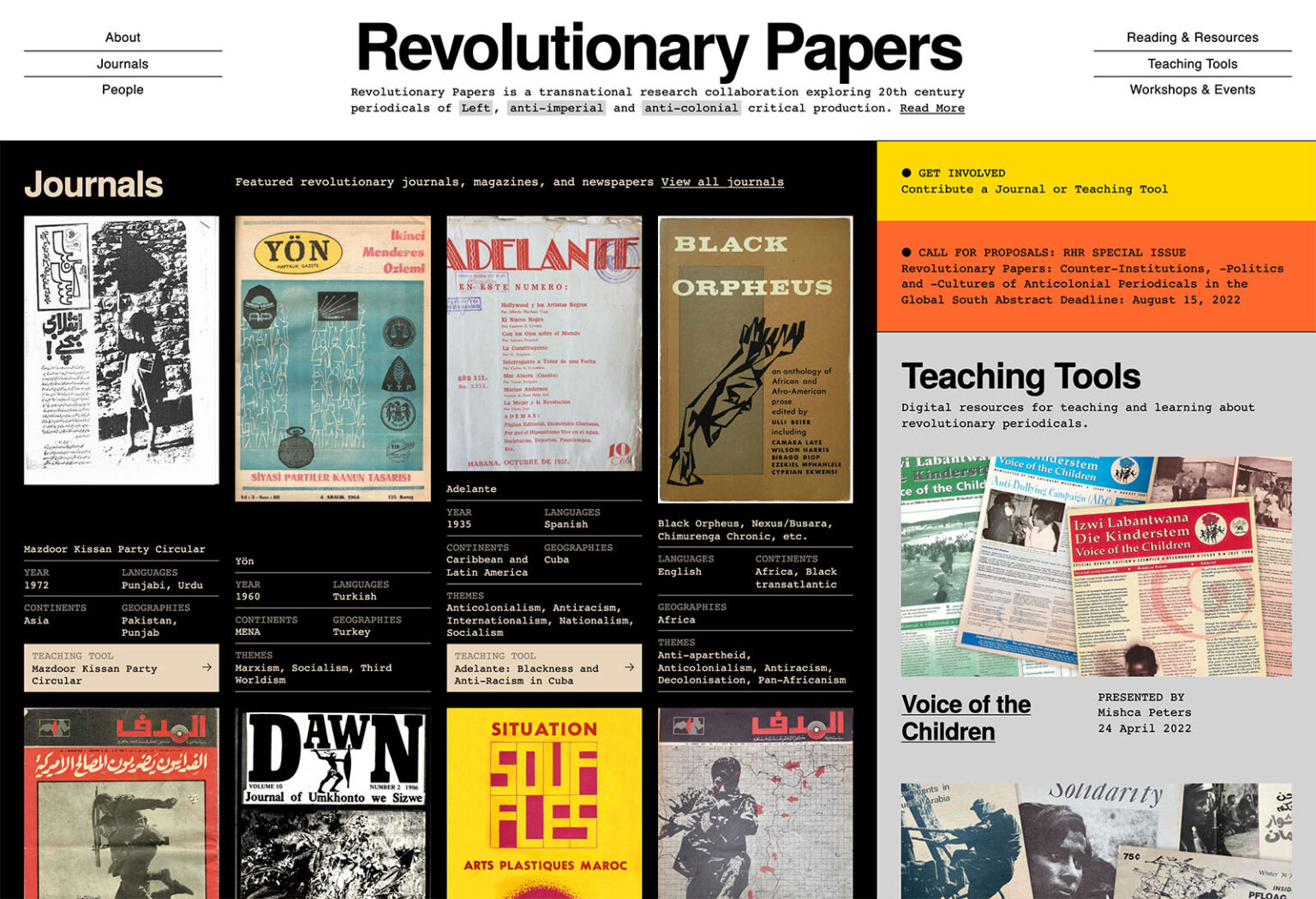Revolutionary Papers home page showing a grid of journals in the main column, and announcements and teaching tools in a secondary column