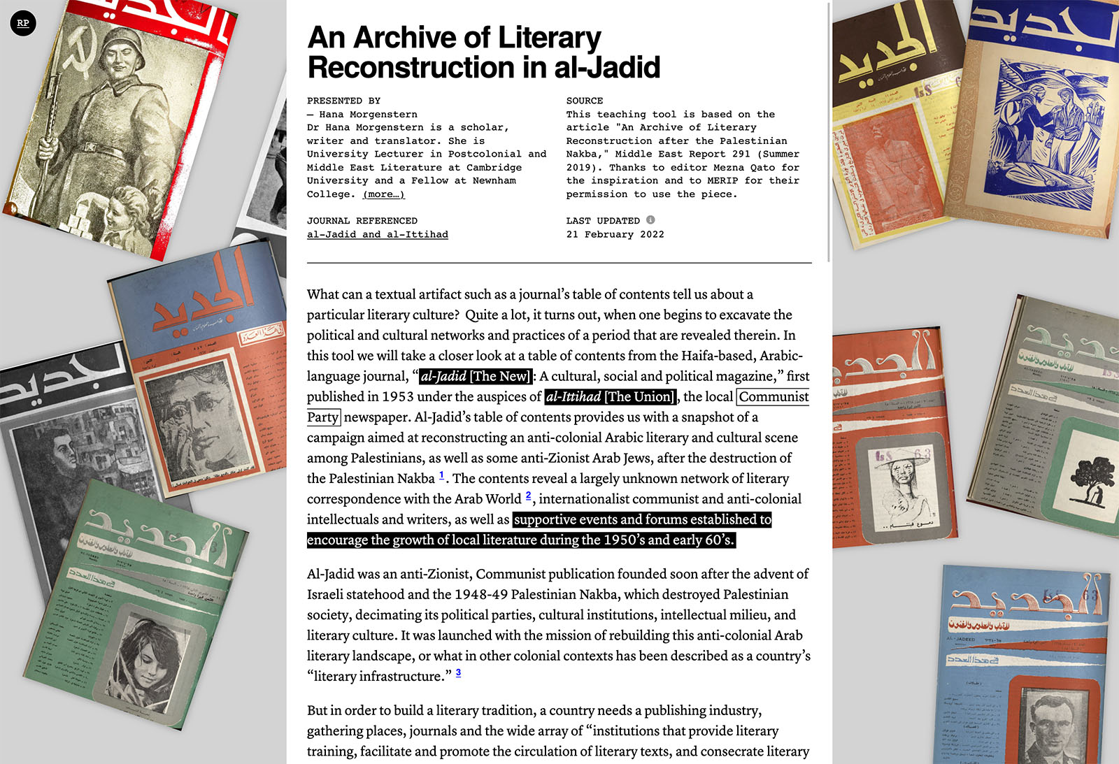 Revolutionary Papers teaching tool showing a main column of text with key names and sentences highlighted