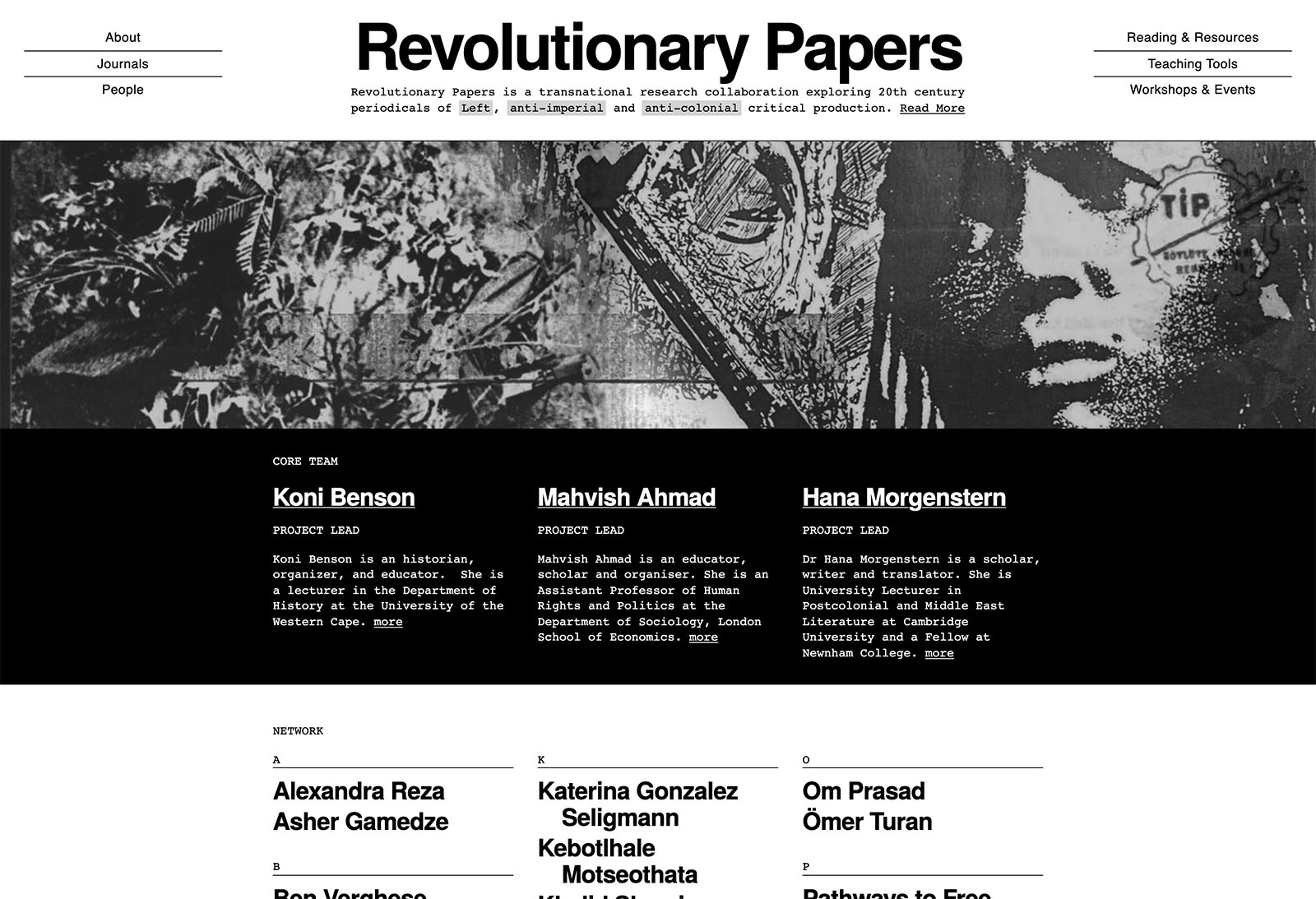 Revolutionary Papers people page showing bios of the core team and listing other contributors