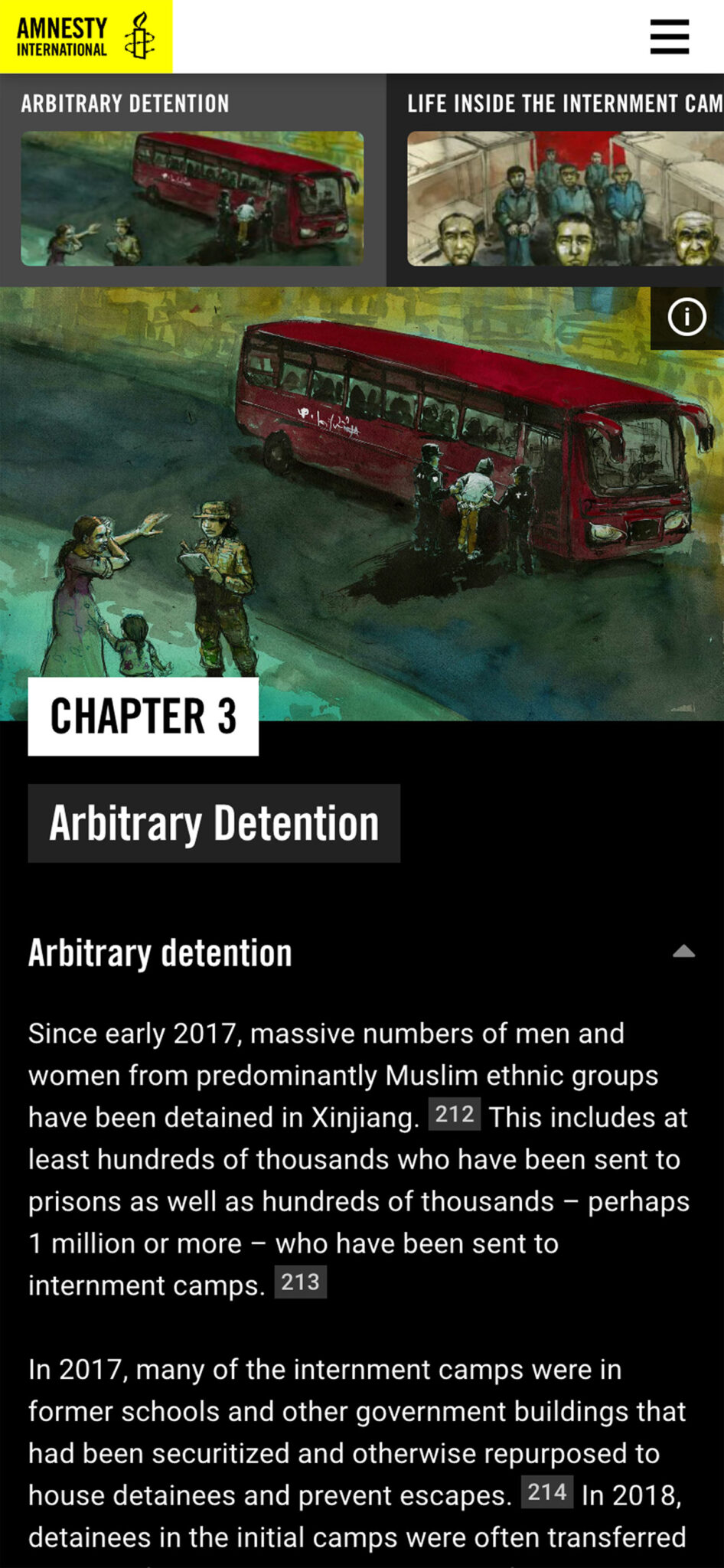Xinjiang Report mobile version showing chapter 3 illustration and introduction